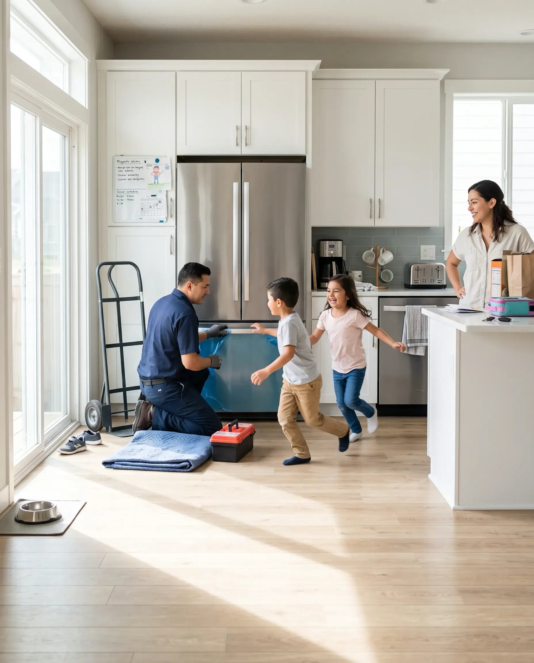 Two kids race toward a newly installed refrigerator while the delivery crew peels off the protective film and their mother unpacks groceries