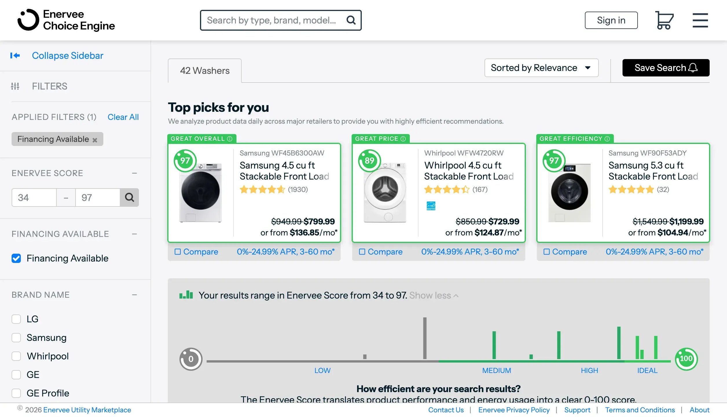 choose.enervee.com — washers with financing available, ranked by Enervee Score