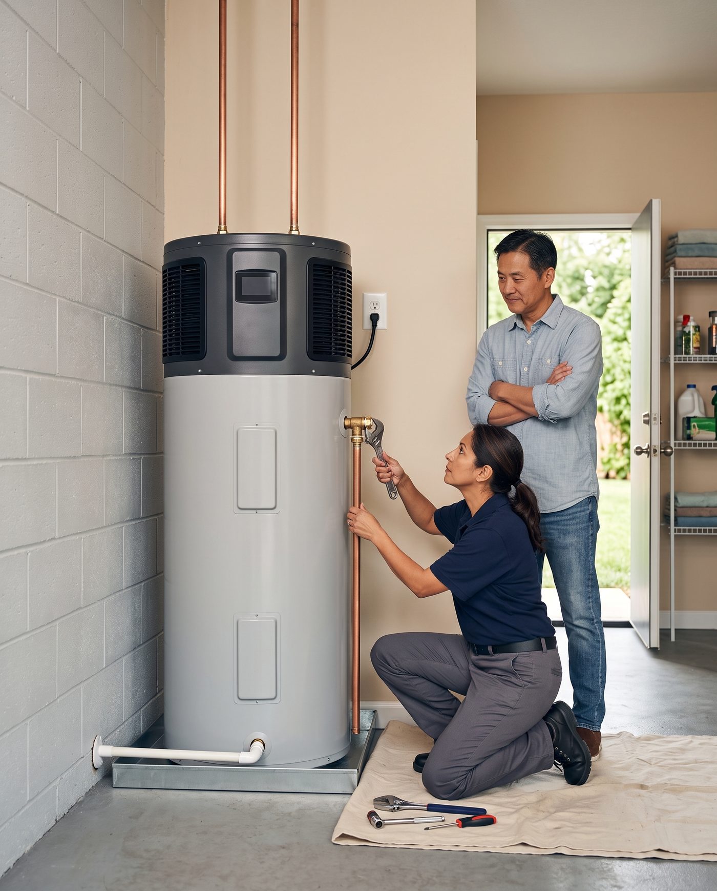 Installer connecting a heat pump water heater in a garage while the homeowner looks on
