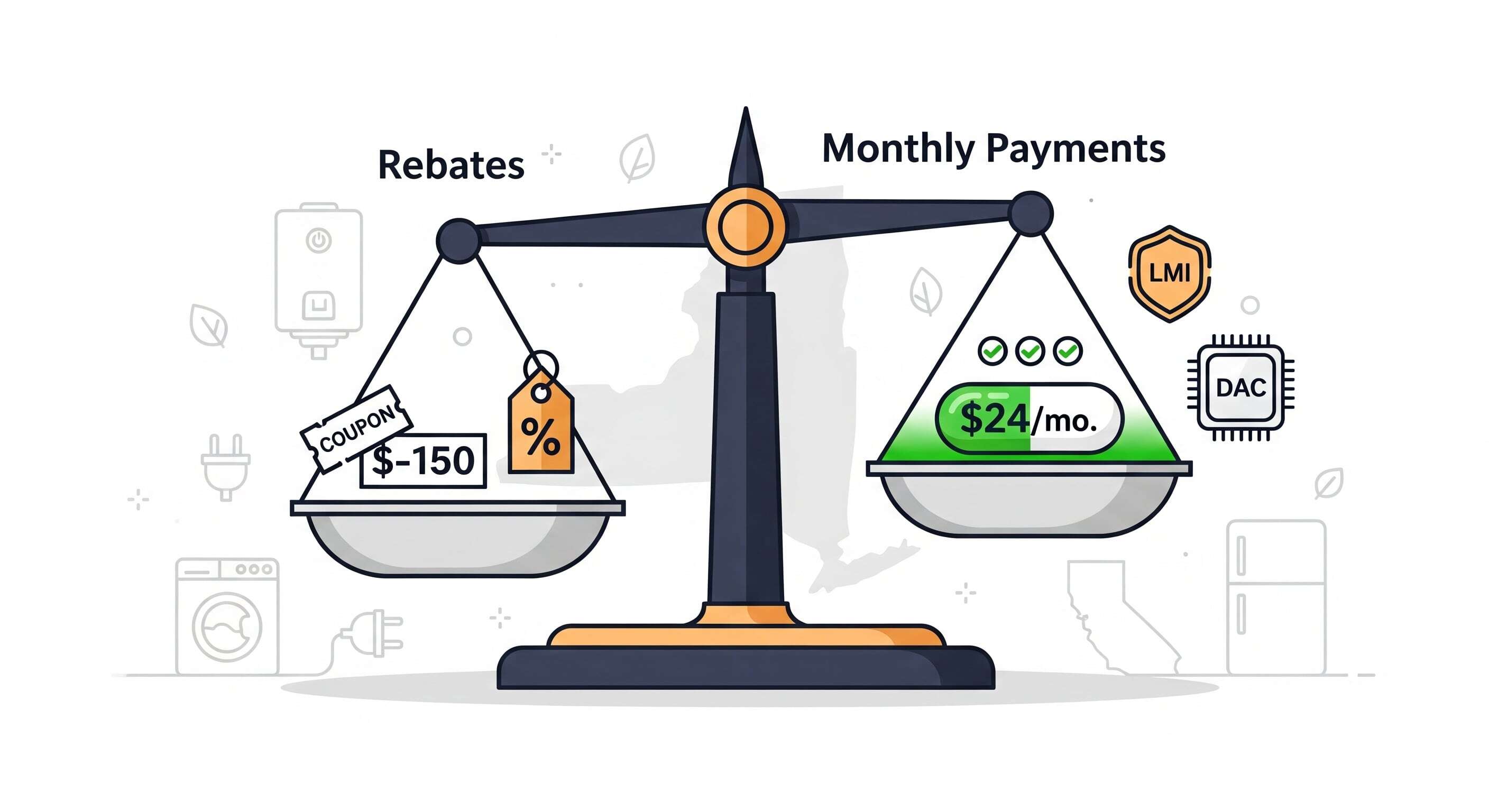 Side-by-side: a rebate coupon vs a checkout screen with an affordable monthly payment.